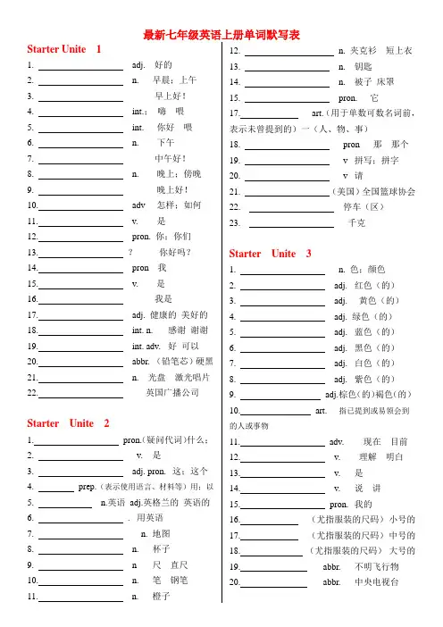 (完整版)七年级上英语单词默写表