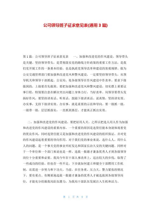 公司领导班子征求意见表(通用3篇)