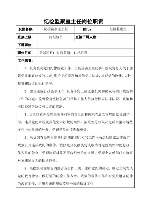 纪检监察室主任、干事岗位职责