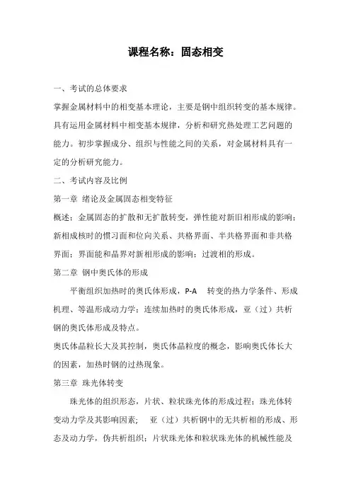 天津大学《固态相变》2020年考研专业课复试大纲