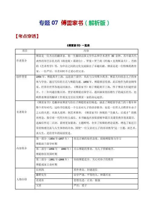 专题07 傅雷家书(原卷版)-2023年中考语文考前抓大分技法之名著阅读