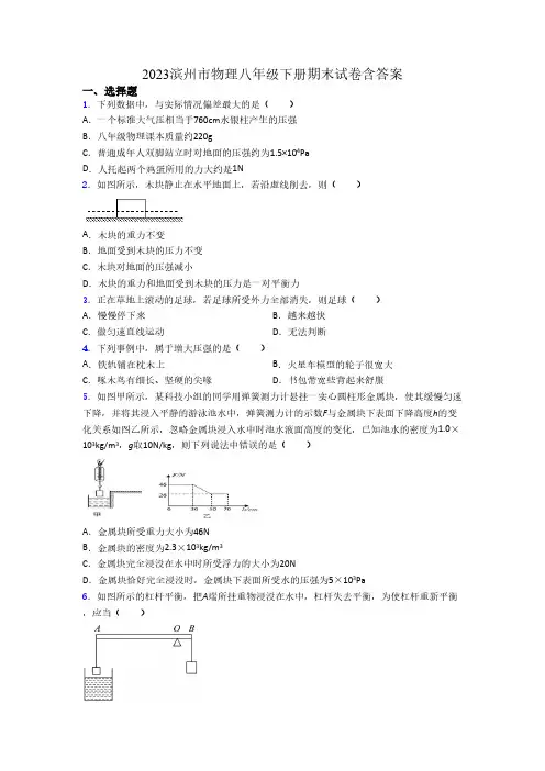 2023滨州市物理八年级下册期末试卷含答案