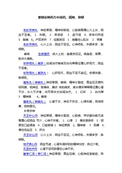 重镇安神药方中成药、精神、抑郁