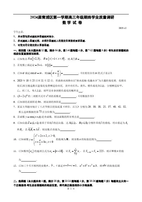 【2023年上海高三数学一模】2024届青浦区高三一模数学试卷及答案