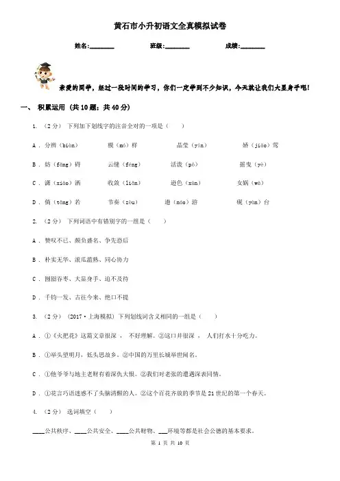 黄石市小升初语文全真模拟试卷