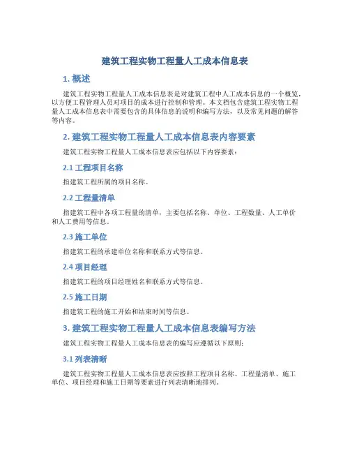 建筑工程实物工程量人工成本信息表