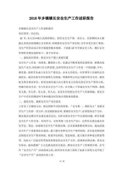 乡镇镇长安全生产工作述职报告