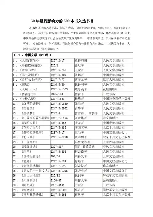 30年最具影响力的300本书入选书目
