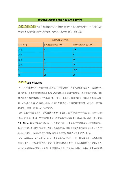 常见实验动物的采血量及家兔的采血方法