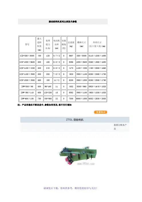 振动给料机系列主要技术参数