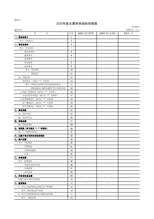 2020年度主要财务指标预报表