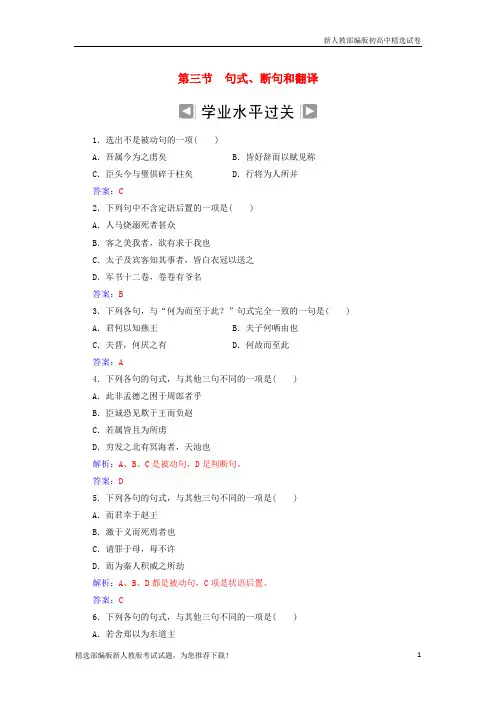 年高考语文学业水平测试一轮复习 专题九 文言文阅读 第三节 句式、断句和翻译