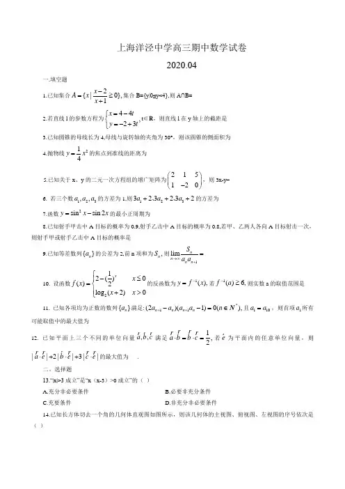 上海市洋泾中学2019-2020学年高三下学期数学期中考试卷(word版含答案)