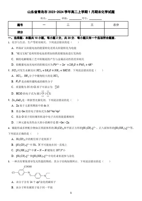 山东省青岛市2023-2024学年高二上学期1月期末化学试卷(含答案)