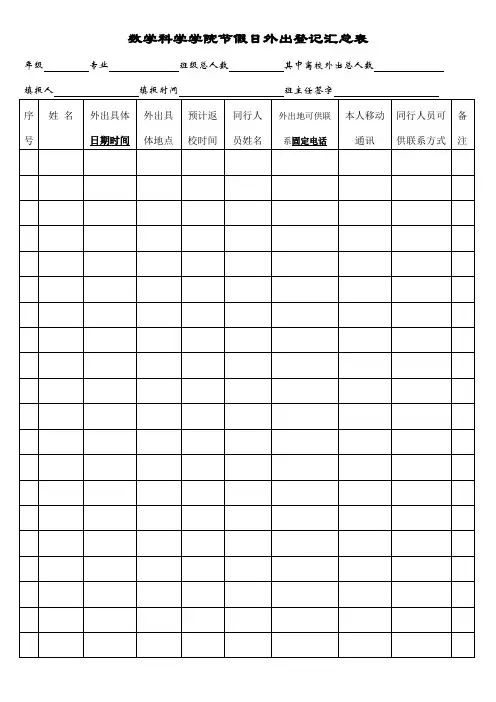 数学科学学院节假日外出登记汇总表