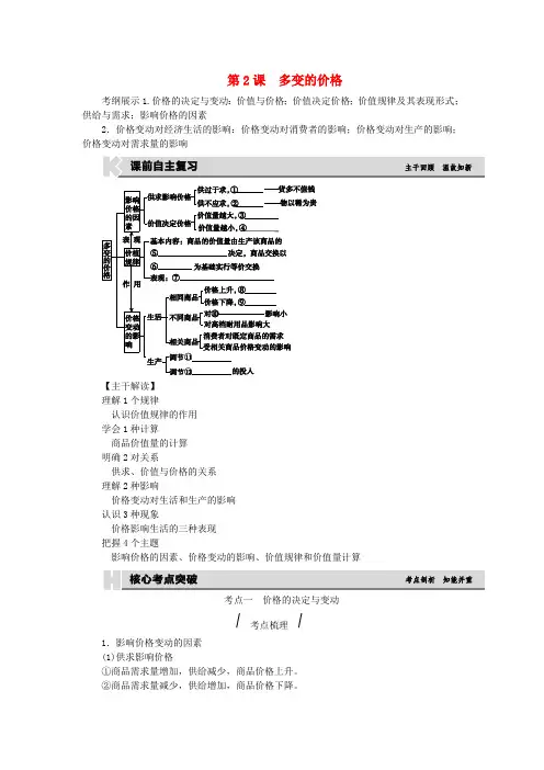 高考复习方案(全国卷地区专用)2017届高考政治一轮复习第1单元生活与消费第2课多变的价格听课手册
