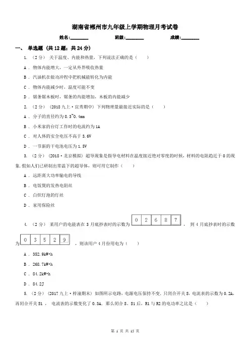 湖南省郴州市九年级上学期物理月考试卷