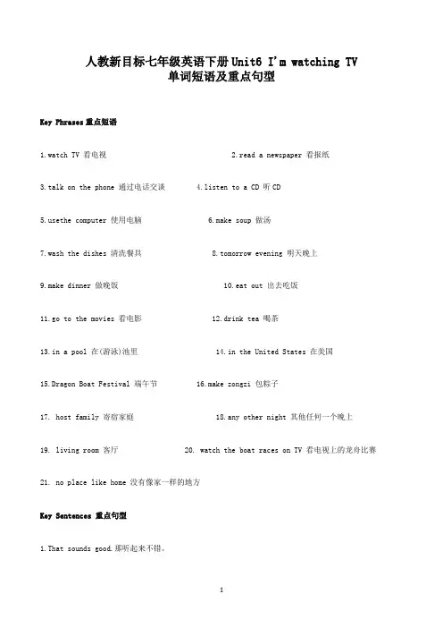人教新目标七年级英语下册Unit6 I'm watching TV单词短语及重点句型