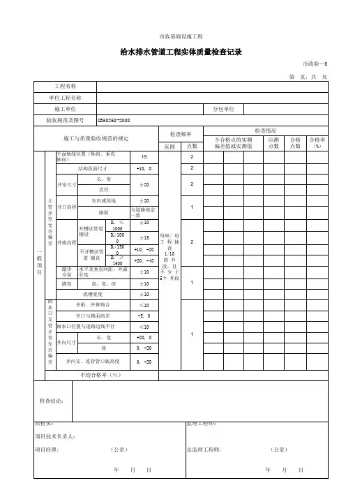 【工程表格模板】给水排水管道工程实体质量检查记录