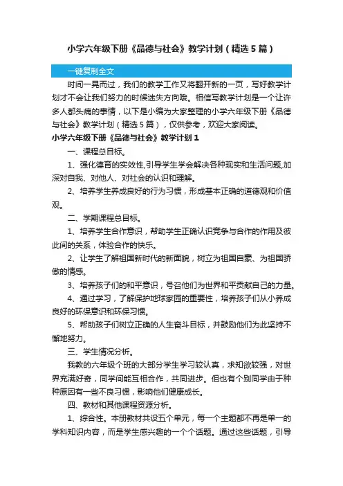 小学六年级下册《品德与社会》教学计划（精选5篇）