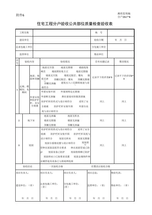 分户2017-6 住宅工程分户验收公共部位质量检查验收表