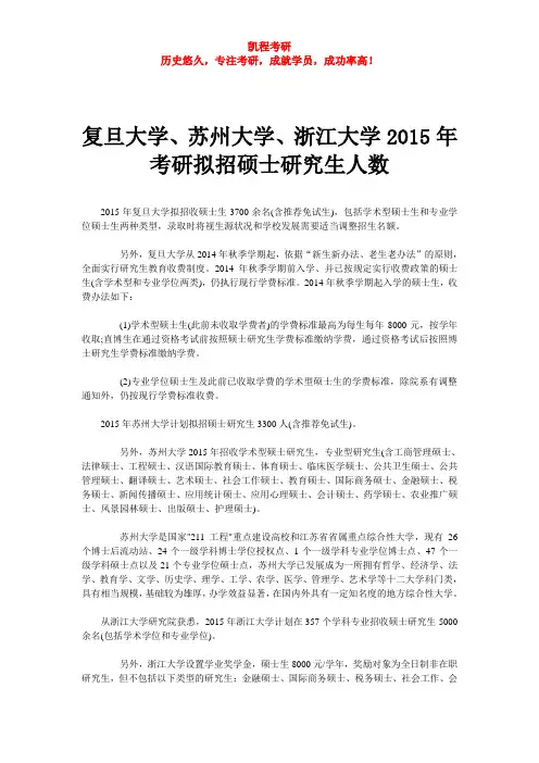 复旦大学、苏州大学、浙江大学2015年考研拟招硕士研究生人数