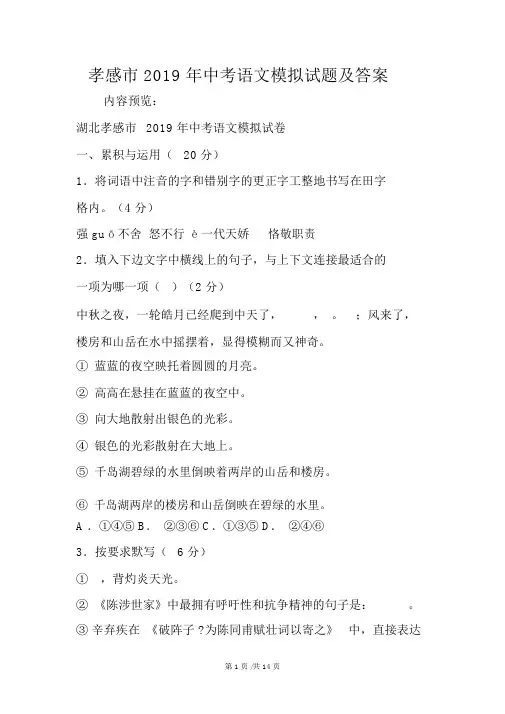 孝感市中考语文模拟试题及答案