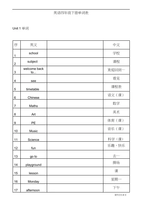 (完整版)苏教版四年级下册英语单词表
