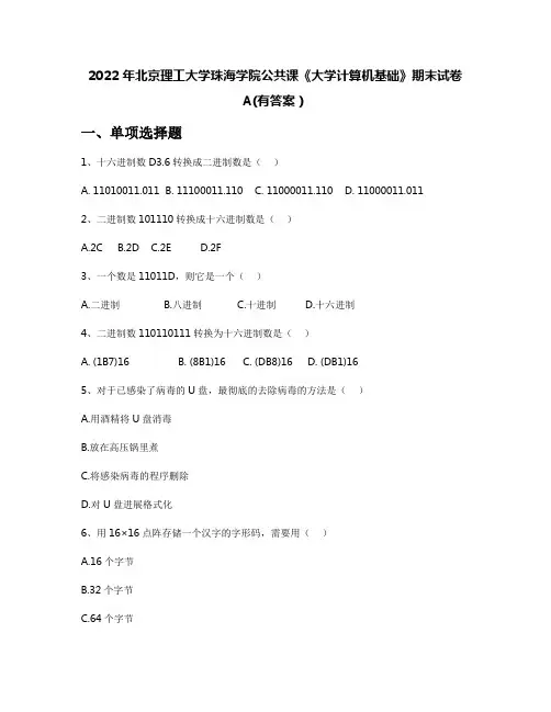 2022年北京理工大学珠海学院公共课《大学计算机基础》期末试卷A(有答案)