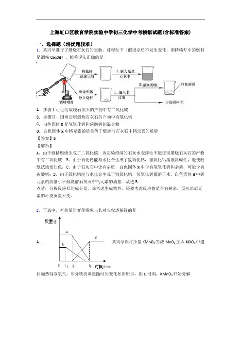 上海虹口区教育学院实验中学初三化学中考模拟试题(含标准答案)