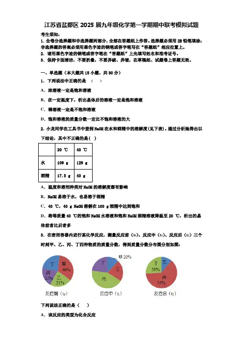 江苏省盐都区2025届九年级化学第一学期期中联考模拟试题含解析