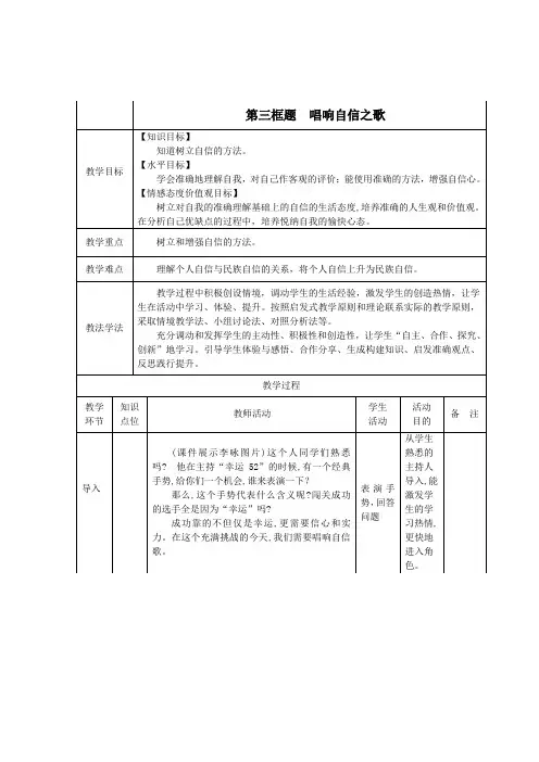 七年级政治下册 《唱响自信之歌》教学设计 人教新课标版