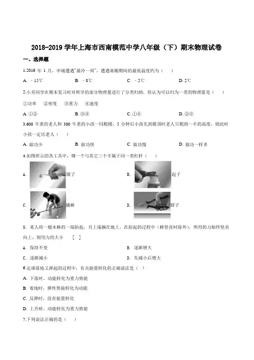 西南模范中学2018-2019学年八年级下学期期末物理试题