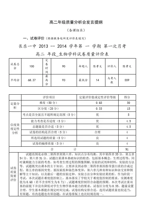 高二年级质量分析会发言提纲(备课组长)