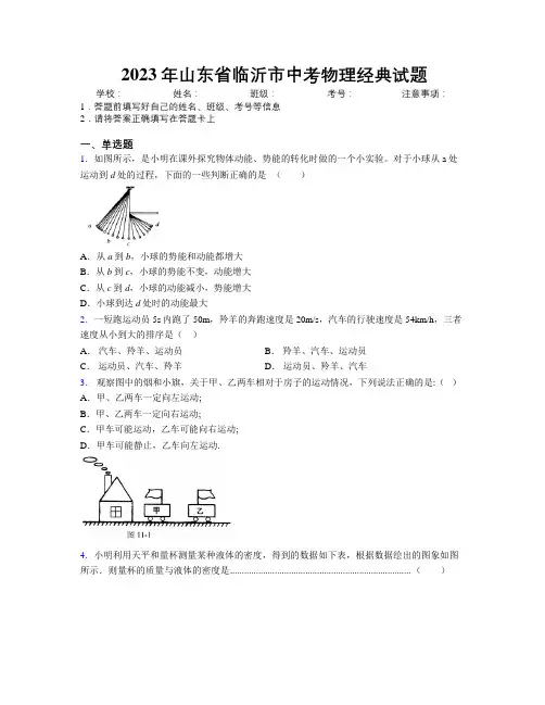 2023年山东省临沂市中考物理经典试题及解析