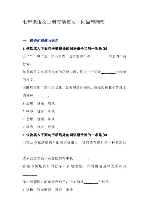七年级语文上册专项复习：词语与病句