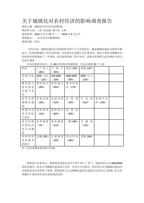 关于城镇化对农村经济的影响调查报告