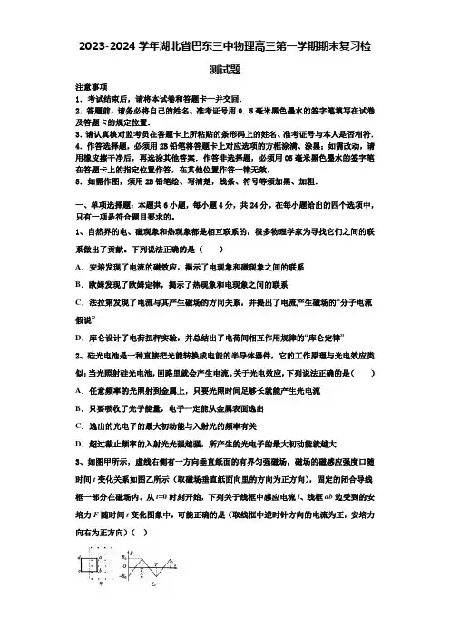 2023-2024学年湖北省巴东三中物理高三第一学期期末复习检测试题含解析