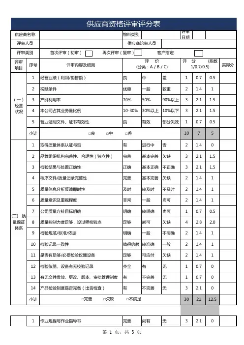 供应商资格评审评分表excel模板