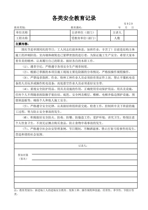 国庆节日安全教育记录