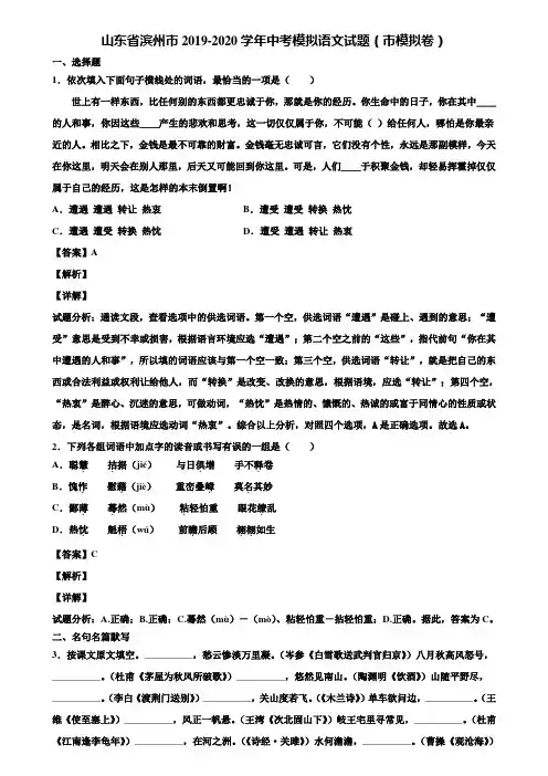 山东省滨州市2019-2020学年中考模拟语文试题(市模拟卷)含解析