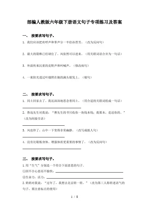 部编人教版六年级下册语文句子专项练习及答案