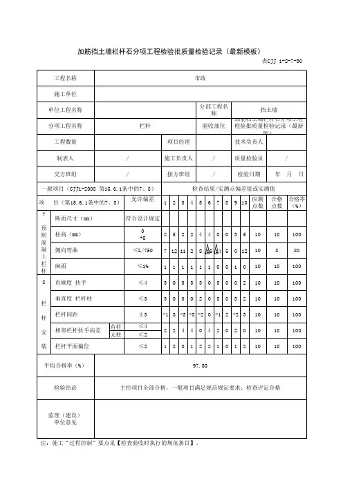加筋挡土墙栏杆石分项工程检验批质量检验记录(最新模板)