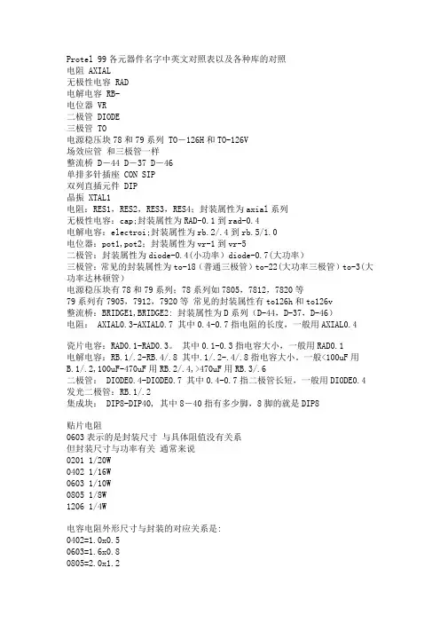 Protel 99各元器件名字中英文对照表以及各种库的对照