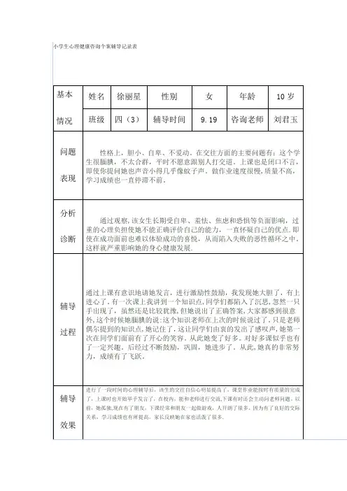 小学生心理健康咨询个案辅导记录表53189---精品模板