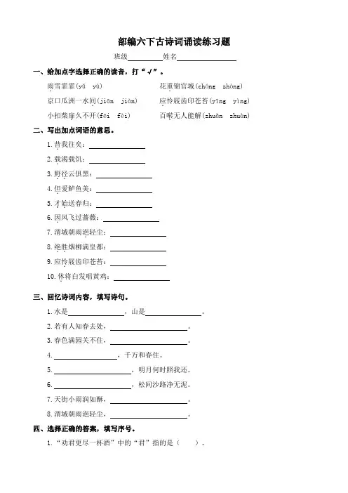 部编版语文六年级下册  《古诗词诵读》检测试题(含答案)