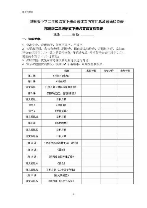 部编版小学二年级语文下册必背课文内容汇总及背诵检查表