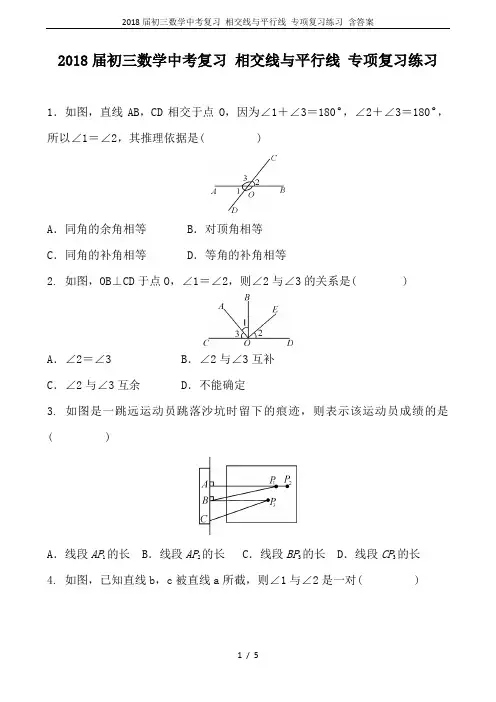 2018届初三数学中考复习 相交线与平行线 专项复习练习 含答案