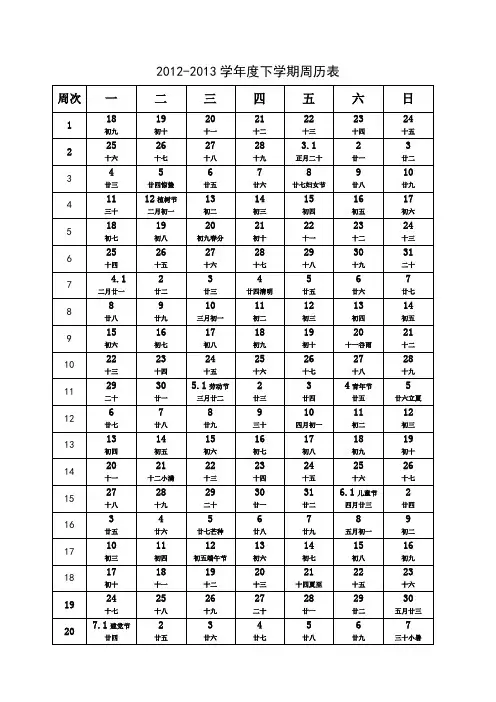 2012-2013学年度下学期周历表