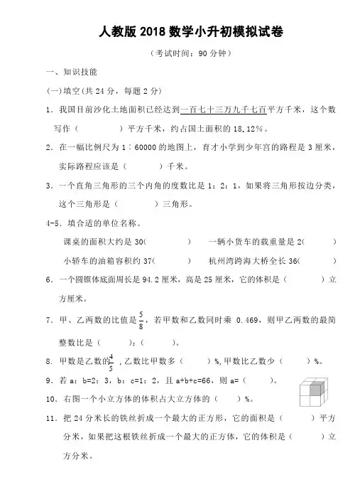 人教版2018数学小升初模拟试卷及答案